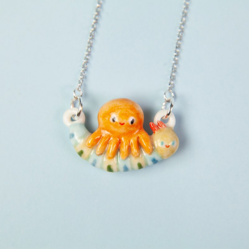 Ceramic musician octopus and piano caterpillar handmade necklace - Chokers - Porcelain 
