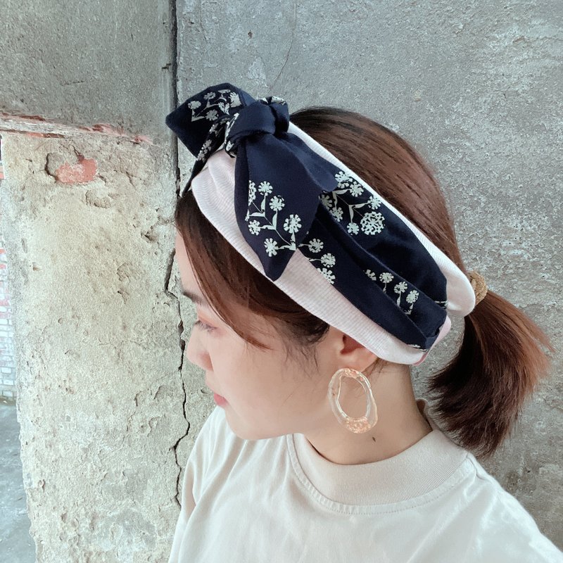 Navy Flower Double-deck Headband - Headbands - Cotton & Hemp Blue