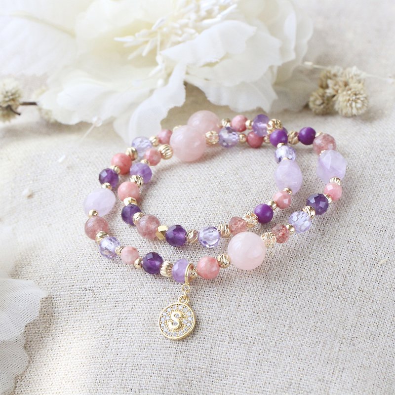 Furano's spring promise. Amethyst/Amethyst/Pink crystal/Strawberry crystal/Rhodonite crystal bracelet - Bracelets - Gemstone Purple