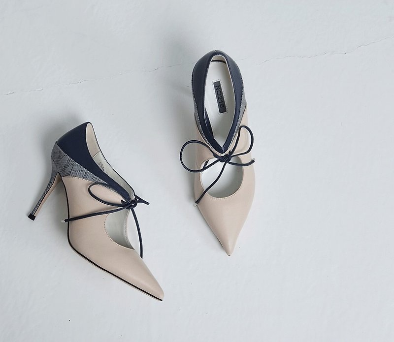 Bandage openwork stitching high heels apricot gray - High Heels - Genuine Leather Gray