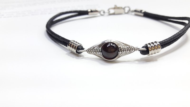 ◎ red garnet bracelet double leather cord bracelet * Stainless steel wire - Bracelets - Genuine Leather Black