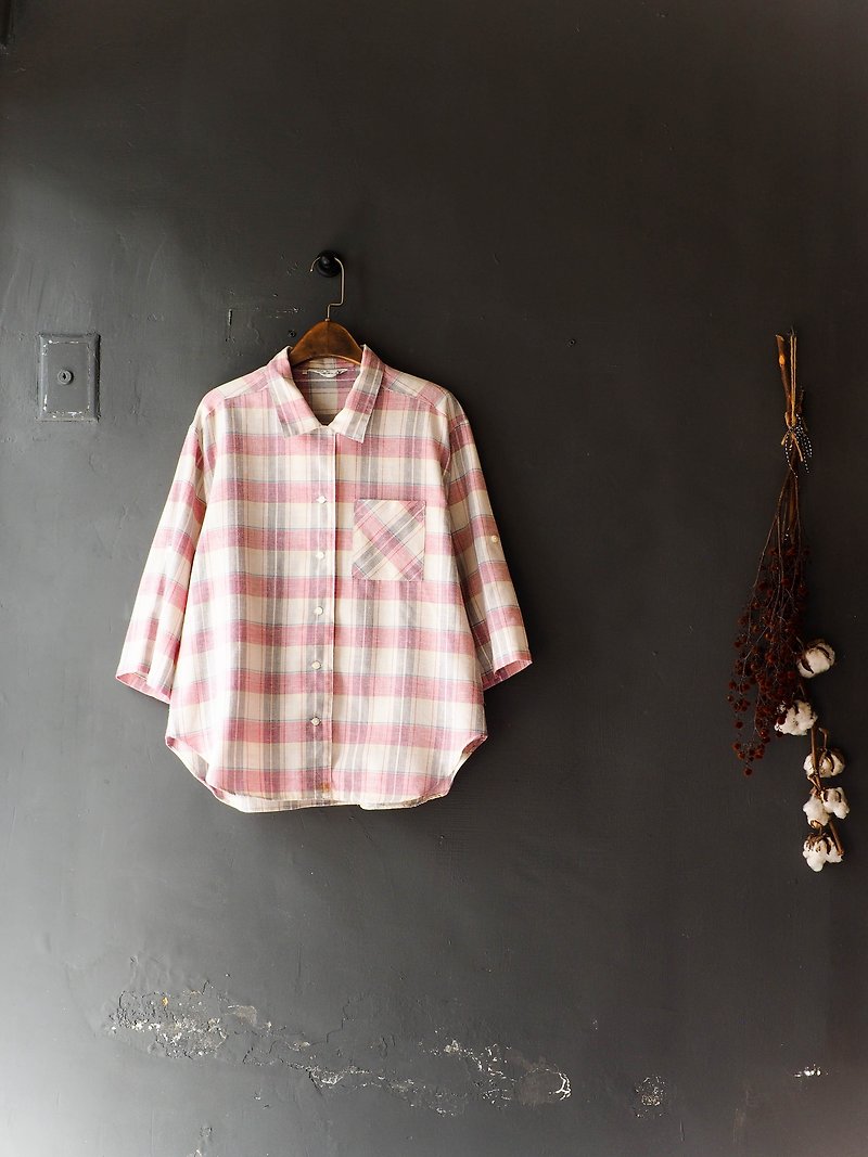 Kawasui - Kanagawa Plaid Independent Rational Age Antique Cotton Shirt Top shirt oversize vintage - Women's Shirts - Cotton & Hemp Pink