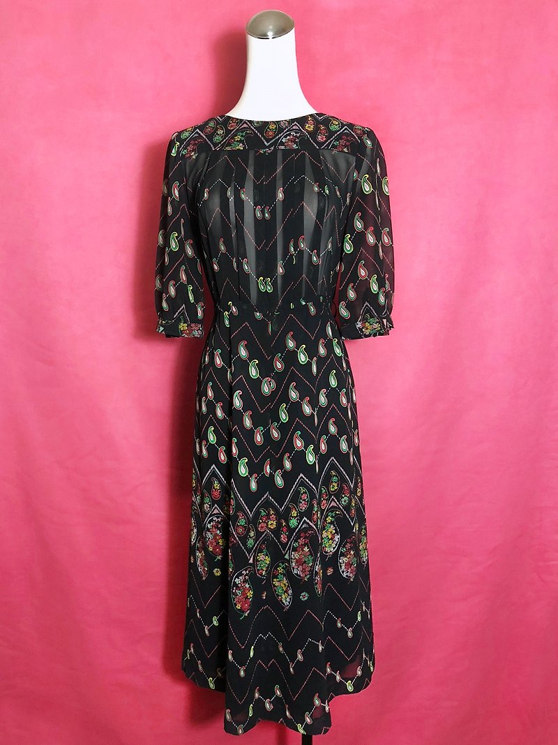 Totem short-sleeved vintage dress / brought back to VINTAGE abroad - One Piece Dresses - Polyester Black
