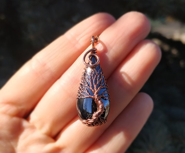 Black Onyx Copper Healing Pendant Necklace, Men Copper Wire