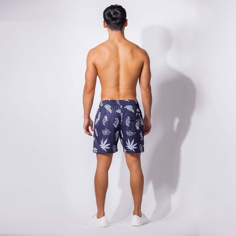 ST08-Drawstring printed beach pants/Paisley pattern - กางเกงขาสั้น - เส้นใยสังเคราะห์ สีน้ำเงิน