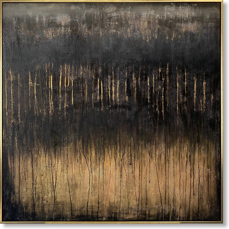 Large Elegant Minimalist Black And Gold Abstract Art Textured Canvas Painting - ตกแต่งผนัง - อะคริลิค สีดำ