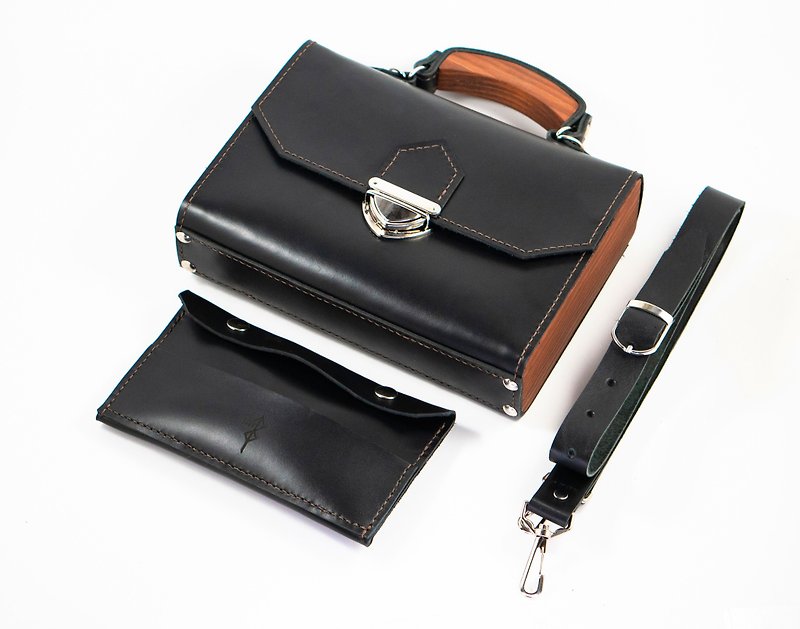 black leather bag, bag with wood sides, black leather shoulder bag - Handbags & Totes - Genuine Leather Black
