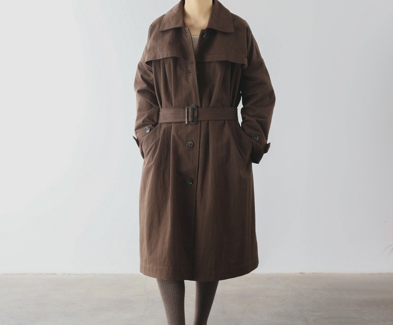 French retro high street loose silhouette mocha trench coat - Women's Tops - Cotton & Hemp Brown