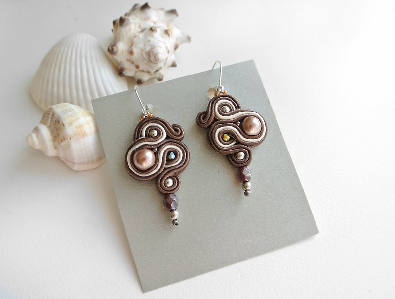 Brown Earrings pearl drop beaded embroidered soutache bohemian lace dangle boho - Earrings & Clip-ons - Other Metals Brown