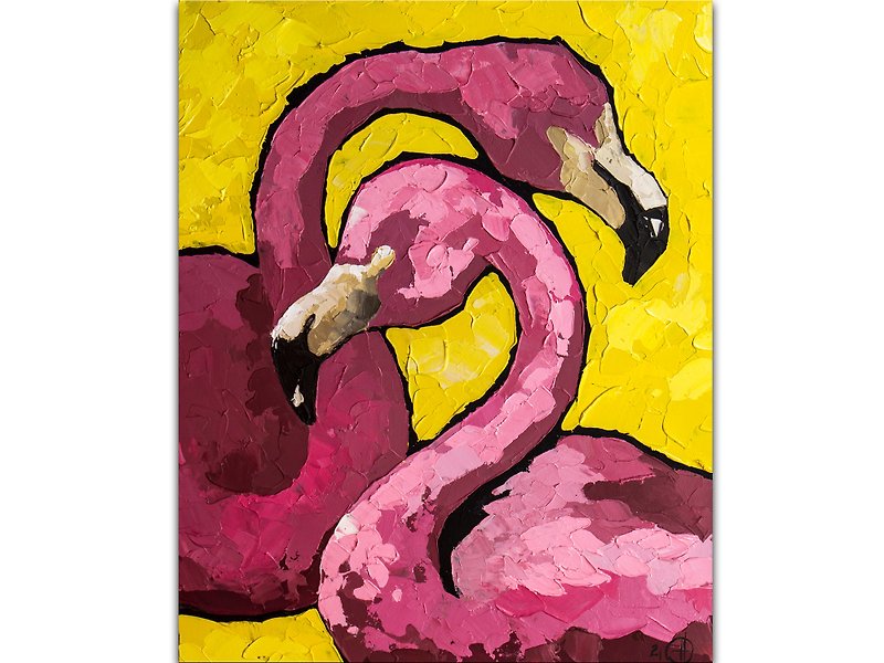 フラミンゴ絵画カップルオリジナルアートピンクフラミンゴインパスト油絵 - ポスター・絵 - その他の素材 ピンク