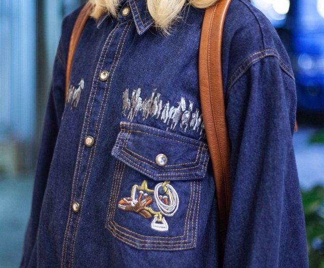 袅袅デパート - ヴィンテージデニム柄刺繍デニムシャツレトロ