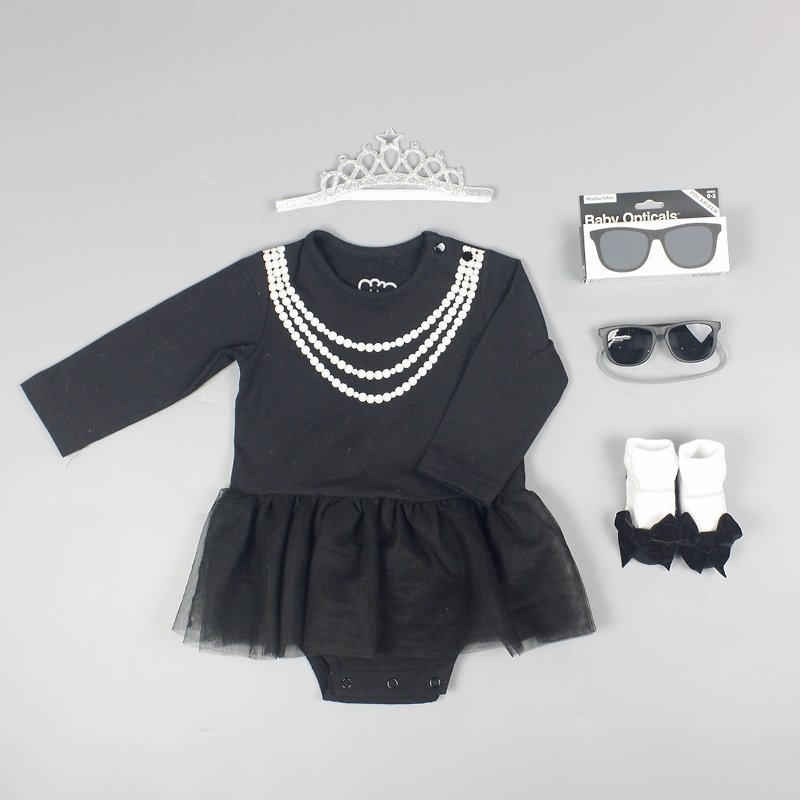 女嬰經典禮盒組 - 奧黛莉赫本 (MIT連身衣+襪子+太陽眼鏡) - 滿月禮物 - 棉．麻 黑色