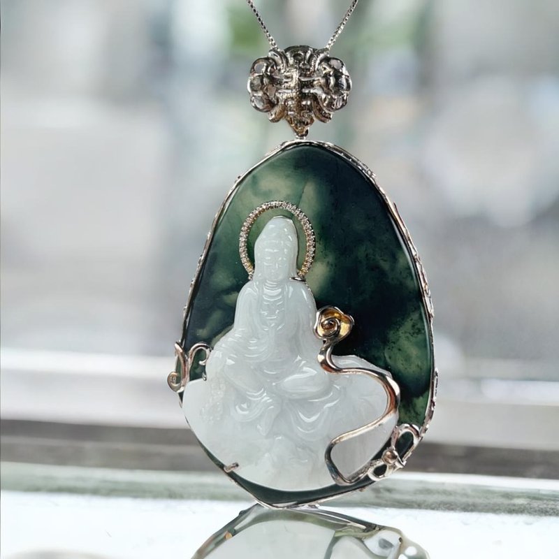 White Jadeite Guanyin Bodhisattva Necklace 925 Sterling Silver | Natural Burmese Jadeite A Grade | Gift - Necklaces - Jade Multicolor