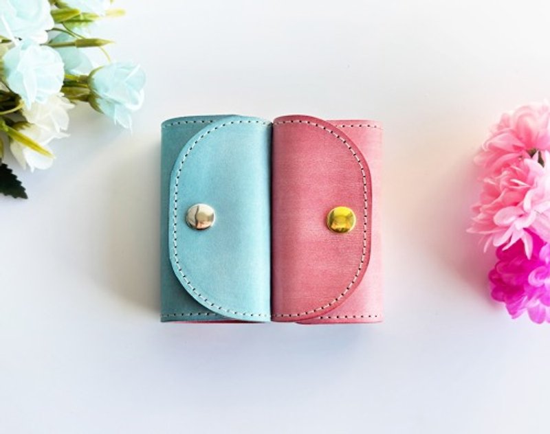 ☆Slim & Compact☆ Bi-color mini key case (Iceland blue x peach) Great for pairing goods or gifts ◎ - ที่ห้อยกุญแจ - หนังแท้ 