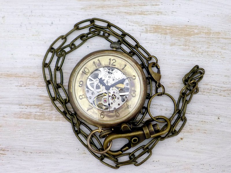 BHW110 Manual winding pocket watch Arabic numerals Oversized JUMBO (42mm) Brass instep round case Handmade watch (BHW110 Arabic) - นาฬิกาผู้ชาย - ทองแดงทองเหลือง สีทอง