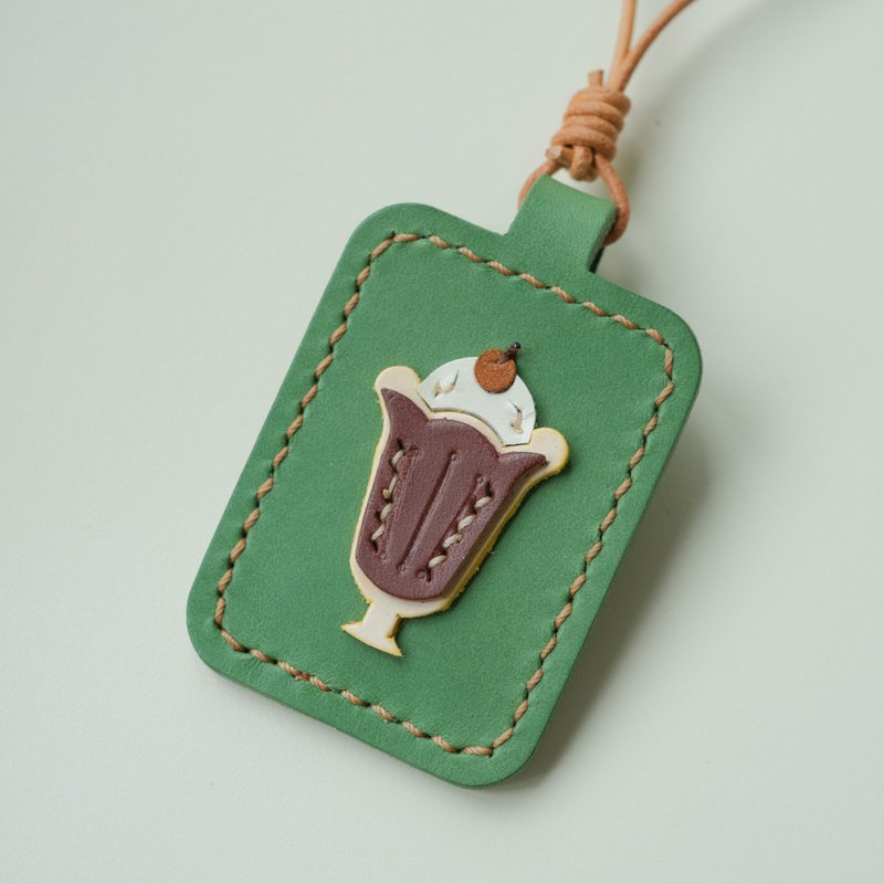 Green access card holder dessert series bag pendant handmade genuine leather cowhide - ID & Badge Holders - Genuine Leather Green