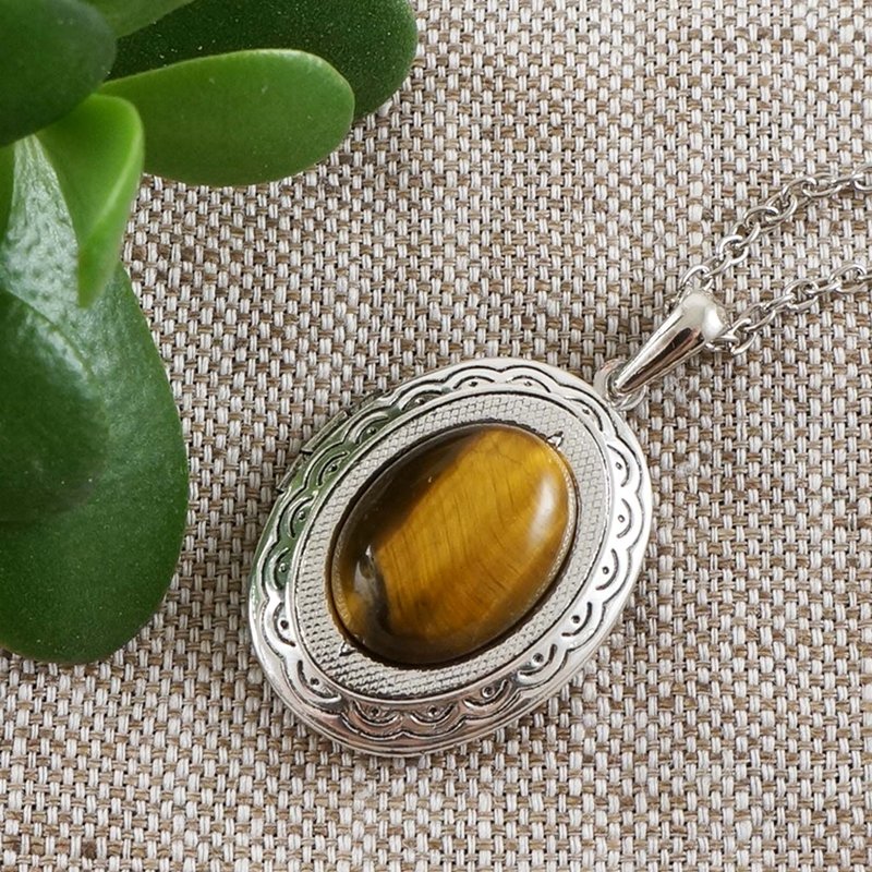 Brown Yellow Tiger Eye Cat Eye Silver Oval Photo Locket Pendant Necklace Jewelry - 項鍊 - 半寶石 咖啡色
