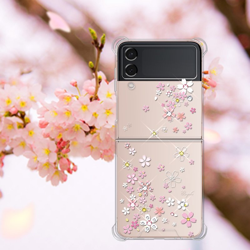 Samsung Z Flip4 5G Crystal Color Diamond Four Corners Thickened Double Material Phone Case-Romantic Cherry Blossoms - เคส/ซองมือถือ - วัสดุอื่นๆ หลากหลายสี