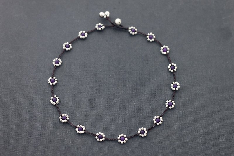 Amethyst Silver Daisy Flower Necklaces Hippy Short Necklaces  - สร้อยคอ - เครื่องประดับพลอย สีม่วง