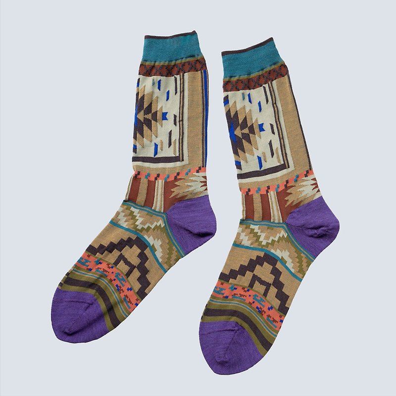 [26-28cm] Kilim patchwork / Brown - ถุงเท้า - ผ้าฝ้าย/ผ้าลินิน สีนำ้ตาล