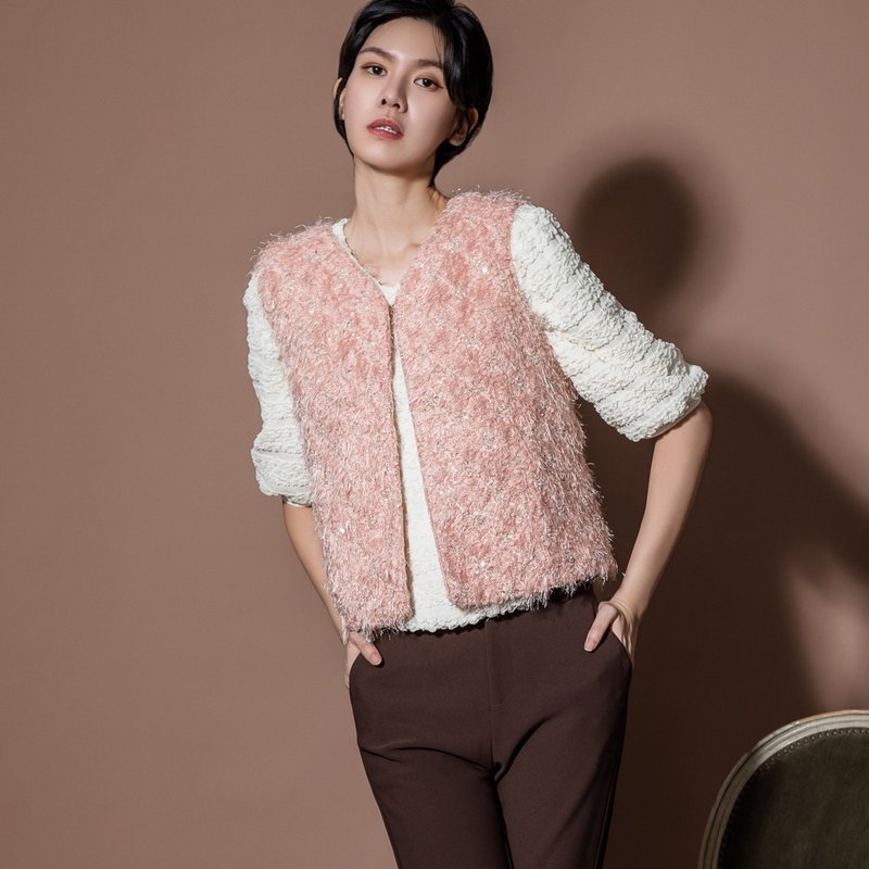 【MEDUSA】Pink Fur Pearl Beading Vest - Women's Casual & Functional Jackets - Polyester Pink