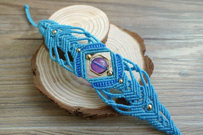 Misssheep-H19-藍色南美蠟線編織黃銅珠紫水晶手環 - 手鍊/手環 - 其他材質 藍色