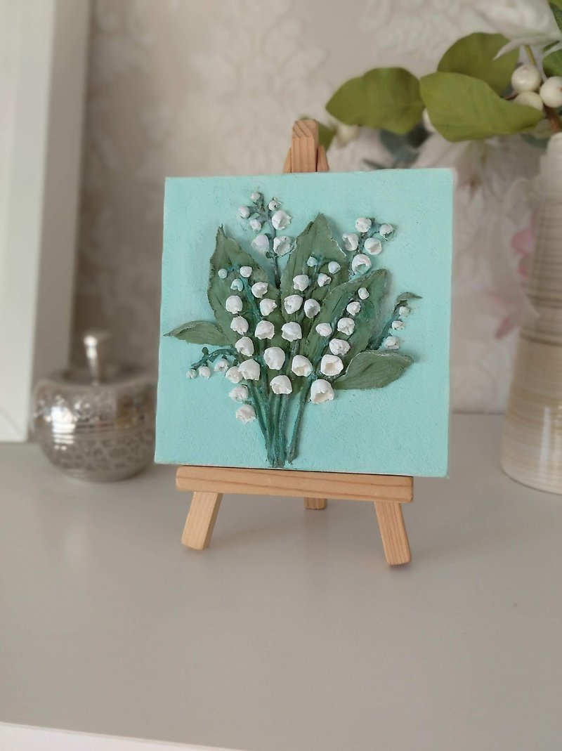 Small canvas painting of Lilies of the valley on easel Mother's day gift Spring - ของวางตกแต่ง - วัสดุอื่นๆ สีน้ำเงิน