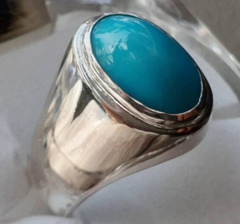 Mens Natural Turquoise Ring Nishapuri Feroza Ring For Men 925 Sterling Silver - 戒指 - 寶石 藍色