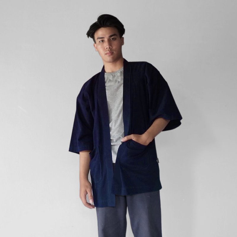 Nevy Blue Kimono Jacket  - 男夾克/外套 - 棉．麻 藍色
