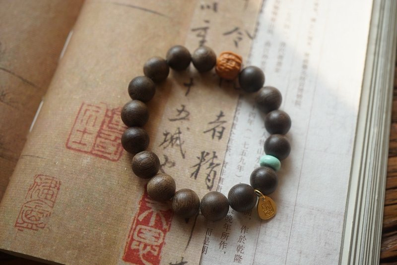 10mm天然沈香珠/沉香珠 綠松石菩提設計單圈手串fs - 手鍊/手環 - 木頭 咖啡色