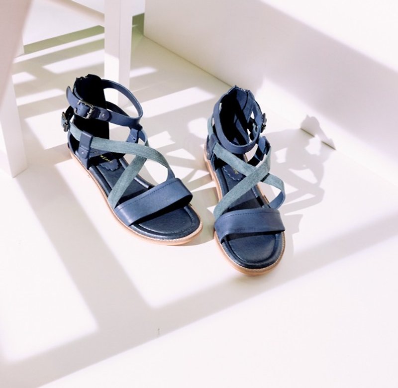 Daily small vintage! Dark blue -Q shell double fight leather zipper sandals [Major Pleasure] full leather handmade - Sandals - Genuine Leather Blue