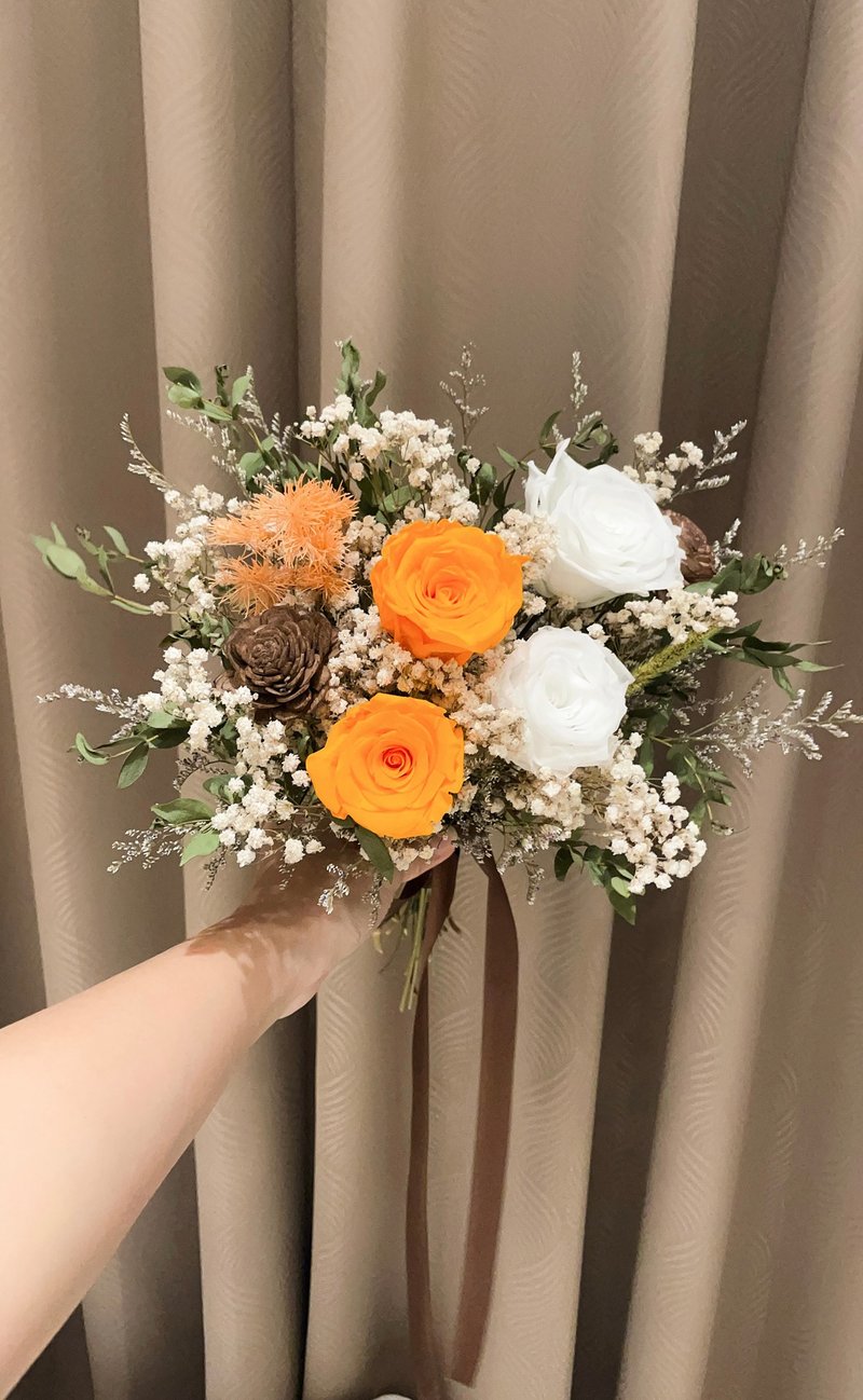 復古橘永生花捧花 新娘捧花 乾燥花捧花 伴娘捧花 結婚花束 - 乾燥花/永生花 - 植物．花 橘色