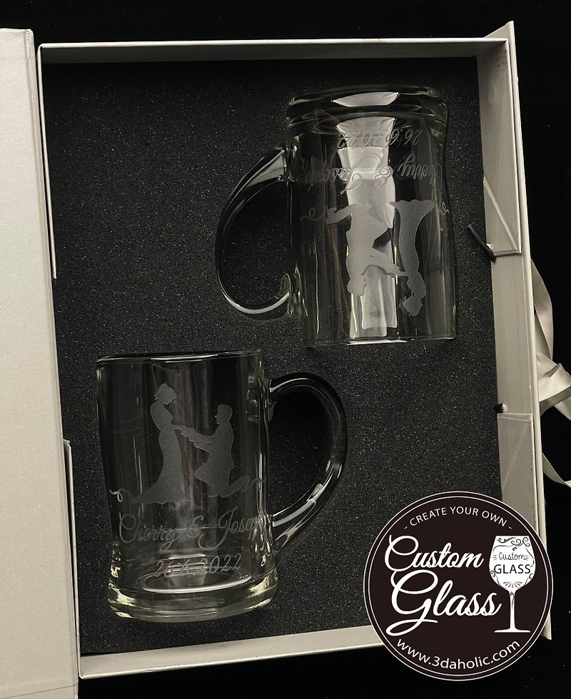 【客製化訂製】啤酒杯雕刻(一對)連禮盒 – 心意字句/人名雕刻 - 酒杯/酒器 - 玻璃 透明