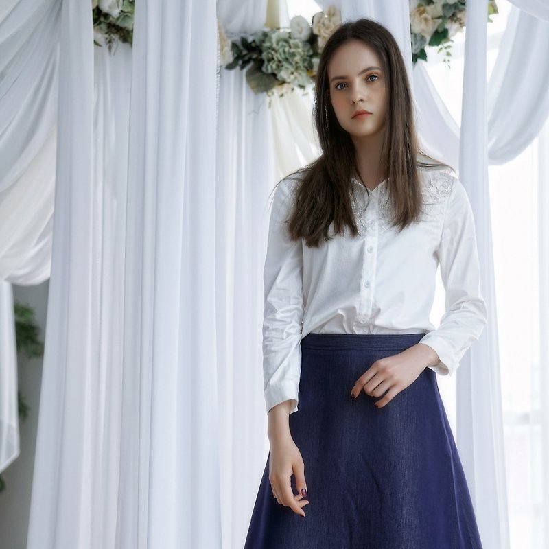 Goody Bag - Elegant Lace Cut Shirt & Denim Stitching Lace Skirt - Women's Shirts - Thread White