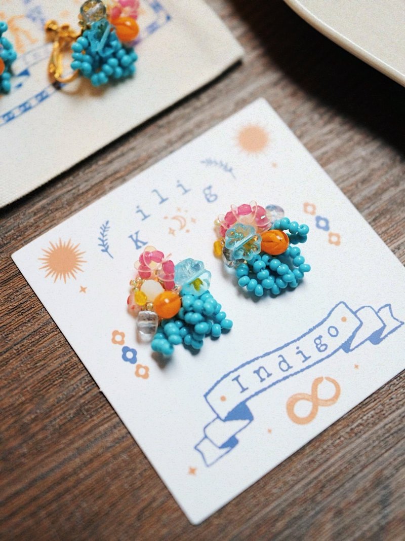 【Fairy】Flower Fairy Earrings Earrings Original Light Retro Exclusive Handmade Earrings Colorful Niche Japanese Style - ต่างหู - วัสดุอื่นๆ สีน้ำเงิน