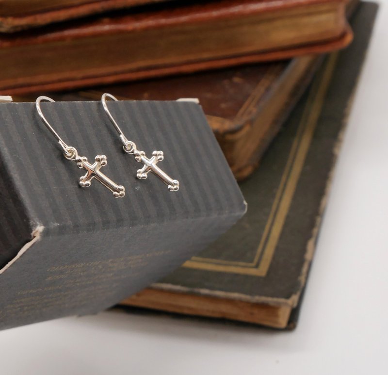 Antique 1995 sterling silver cross pendant needle earrings original box P586 - ต่างหู - โลหะ สีเงิน