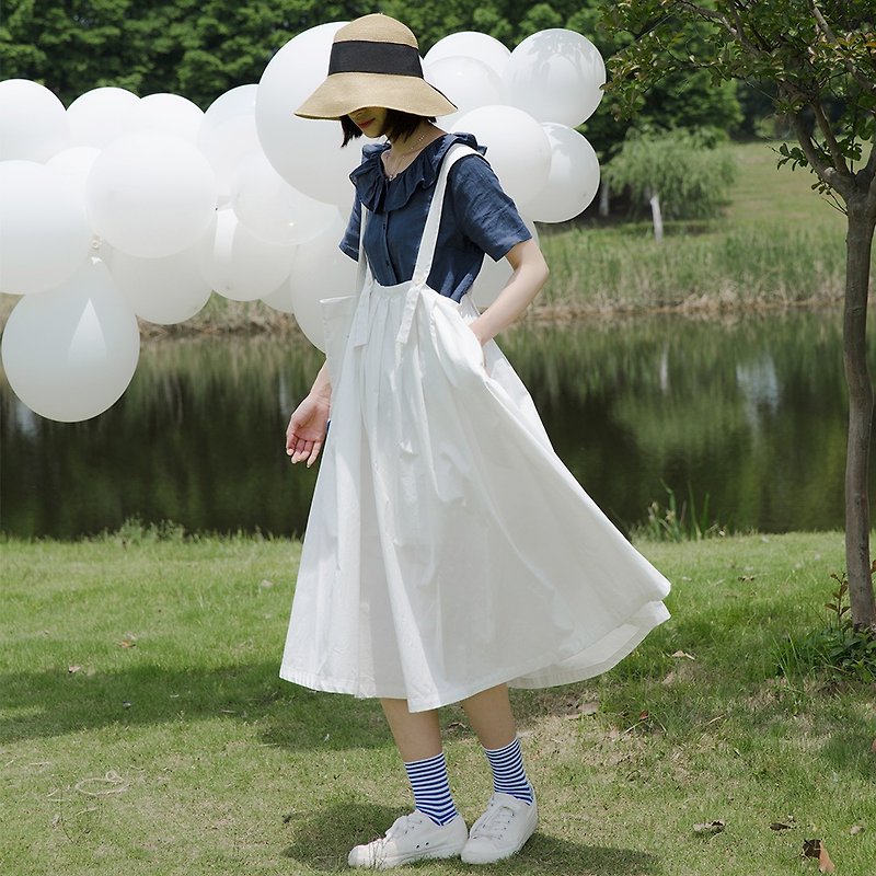 日系清新背帶半身裙|裙子|棉|獨立品牌|Sora-143 - 裙子/長裙 - 棉．麻 白色