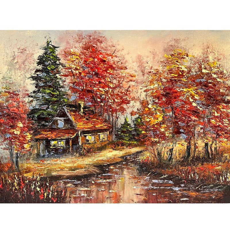 Autumn Painting House Original Art Landscape Artwork 30x40cm by Oksana Stepanova - โปสเตอร์ - ผ้าฝ้าย/ผ้าลินิน หลากหลายสี