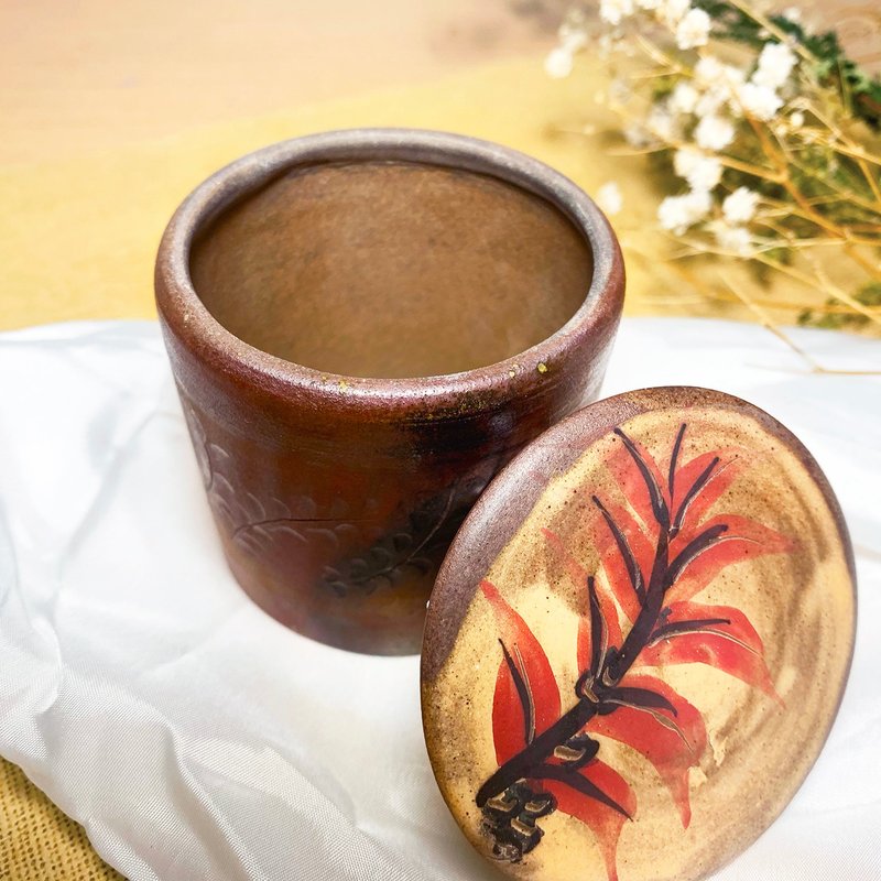 草紋直筒小茶倉 新彩燒 柴燒陶藝 手作作品 | 禮物 茶具 咖啡罐 - 茶壺/茶杯/茶具 - 陶 金色