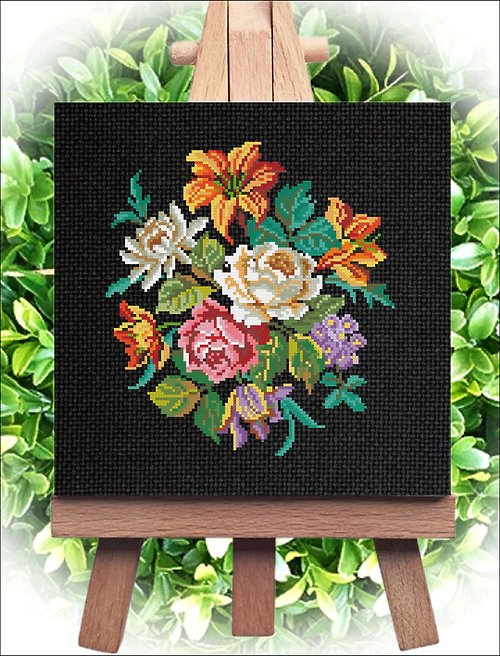 CreativeStudioElenka Vintage Cross Stitch Scheme Bouquet of roses and lilies - PDF Embroidery Scheme