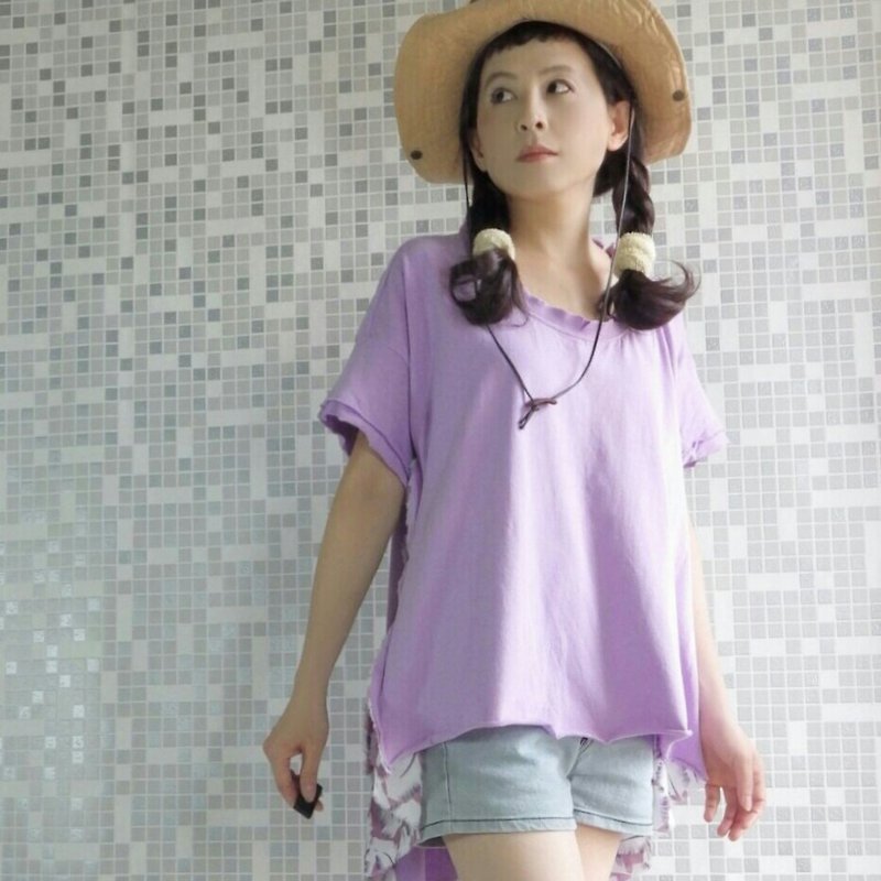 {不修邊服}紫的夾花布純棉T恤 - T 恤 - 棉．麻 紫色