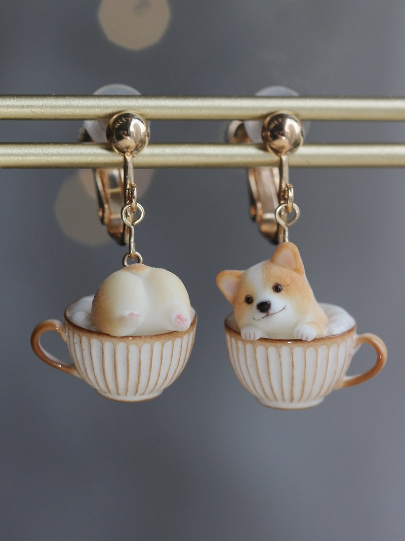 Dog Cafe Little Corgi Gift Earrings Ear Clip Earrings Original Handmade Exquisite Cute Birthday - Earrings & Clip-ons - Resin Gold