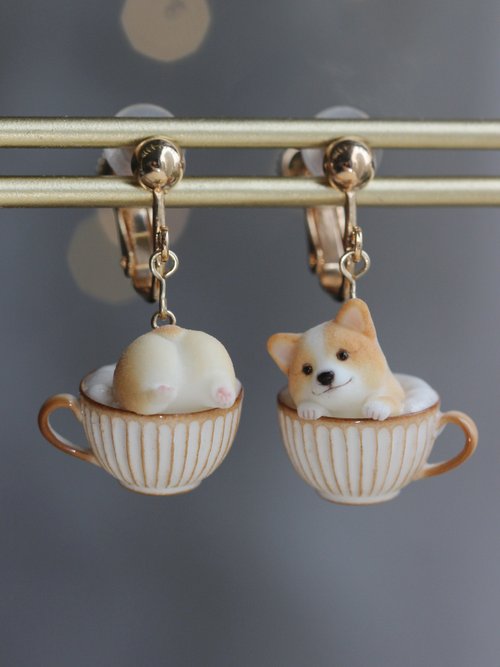 茶包TEABAG 狗狗咖啡館小柯基禮物耳環耳夾耳飾原創手工製作精緻可愛生日