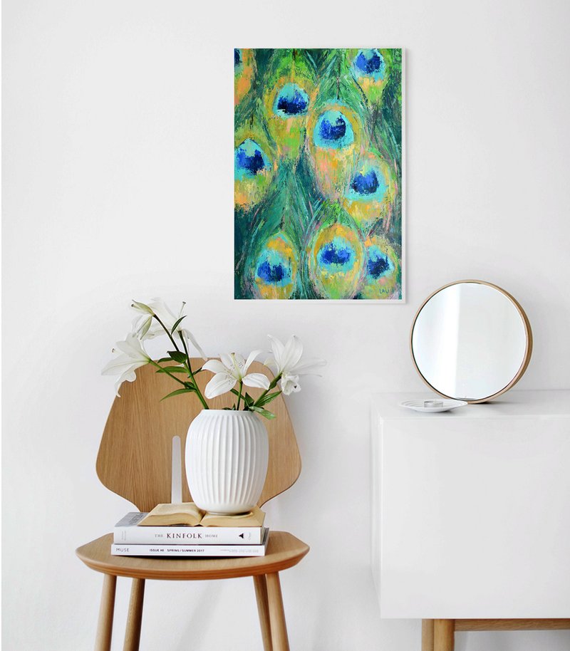 孔雀尾原创油画60x40cm帆布抽象鸟艺术异国情调 - 壁貼/牆壁裝飾 - 其他材質 綠色