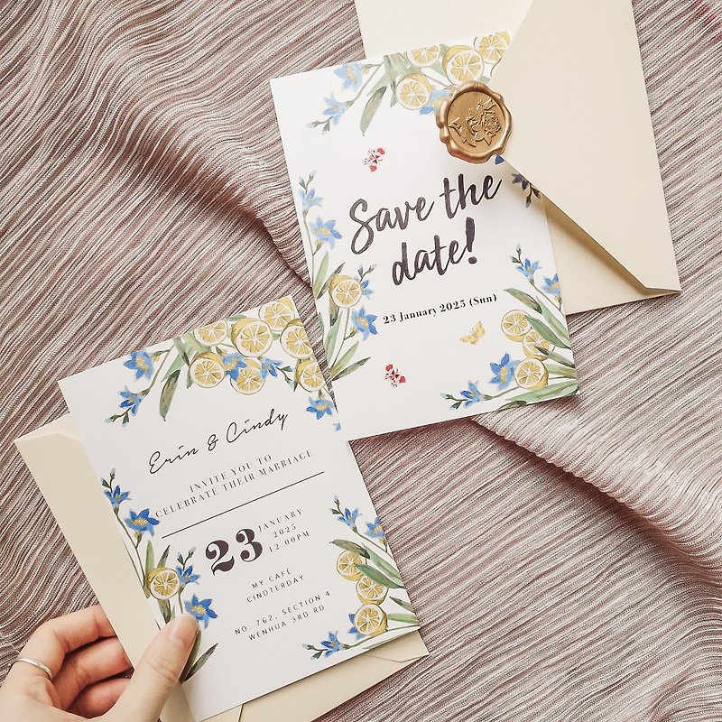 レモンとアイリスの水彩画の結婚式の招待状はシンプルで新鮮です - 招待状 - 紙 ホワイト