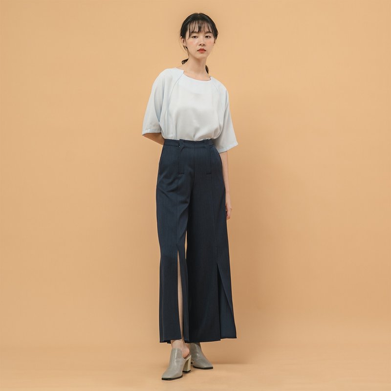 【經典原創】Extend_延伸開衩寬褲_CLB005_藍 - 女長褲 - 棉．麻 藍色