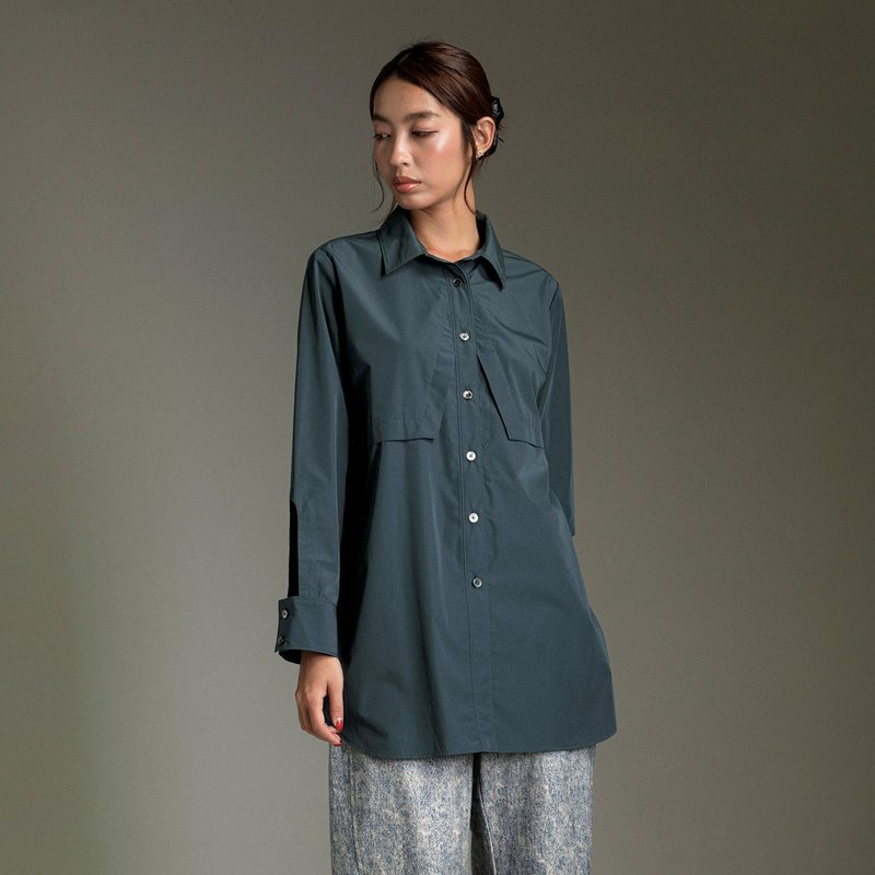 Shirt with a front-shorter, back-longer hem and flap detail - Women's Shirts - Other Materials Blue