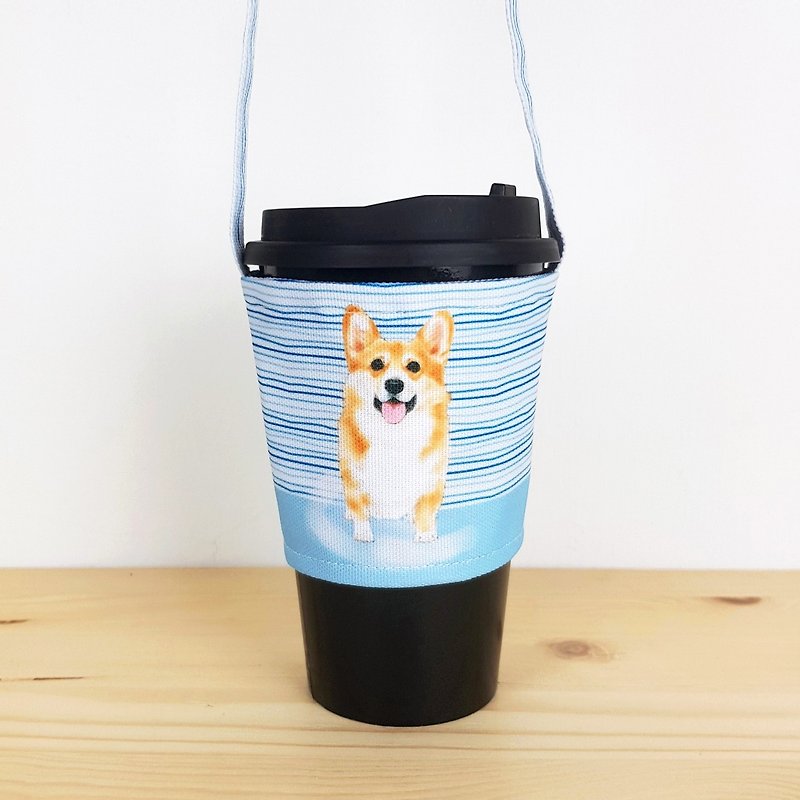 Corgi stripe eco-friendly cup holder/beverage bag/animal pet shape - Beverage Holders & Bags - Other Materials Blue