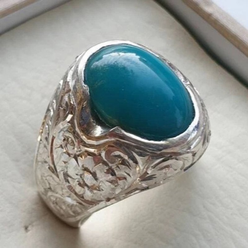 Mens Turquoise ring Feroza ring real feroza ring hand engraved 925 silver ring - 戒指 - 寶石 藍色