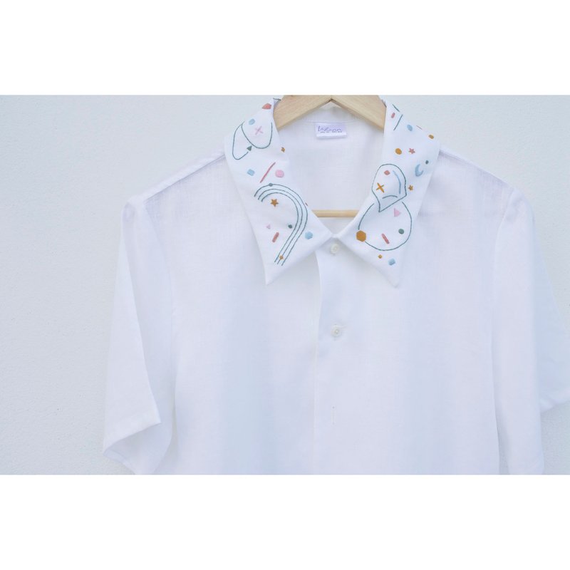 Embroidery | Linen | White crop top shirt - 女襯衫 - 棉．麻 白色